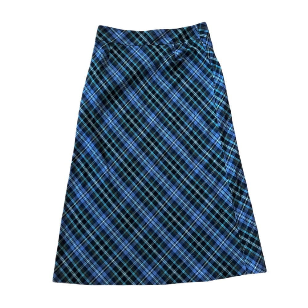 blue and green plaid midi skirt